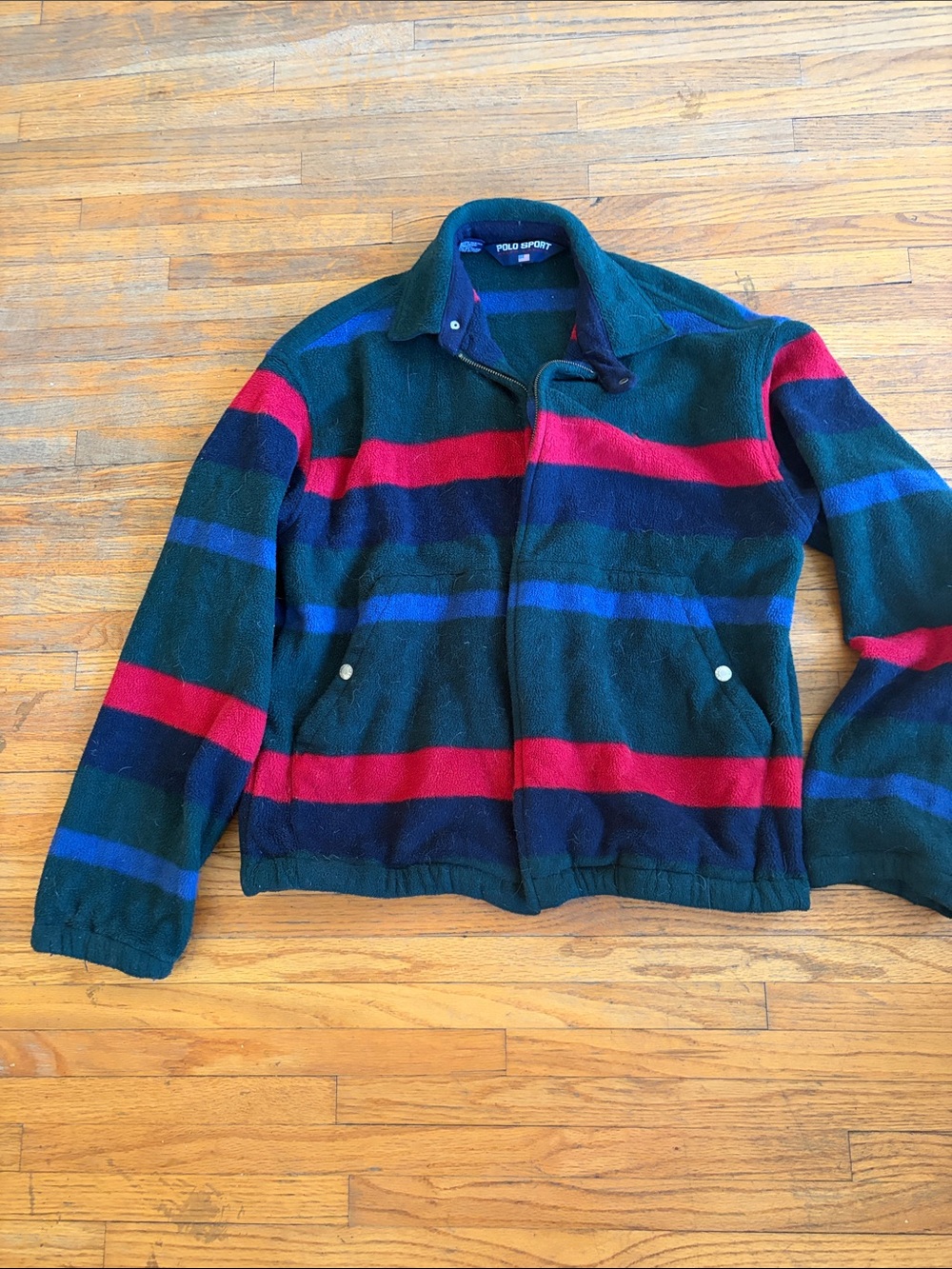 1990s Polo Sport by Ralph Lauren Striped Fleece Jacket in Navy, Red & Blue